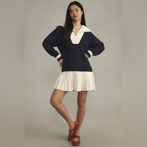 Anthropologie Maeve Women’s Flat White Varsity Sweater Twofer Mini Dress - XS - Picture 1 of 8